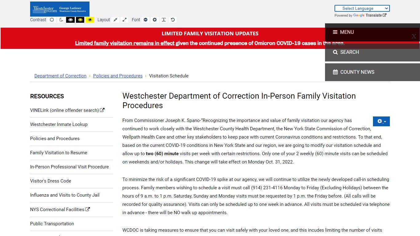 Visitation Schedule - correction.westchestergov.com